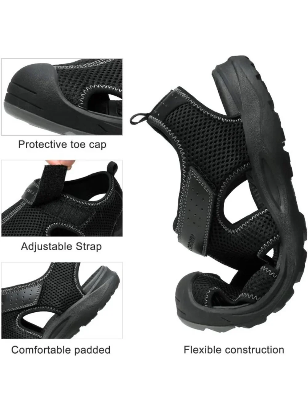 Men's All Black Mesh Hiking Sandals Closed-Toe Beach Sandal for Athletic Outdoor